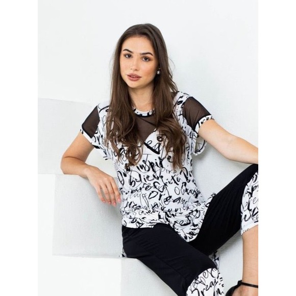 Women's Sheer Tunic Top Size L Black White Print Scoop Neck Artex Fashions NWT - Picture 1 of 3